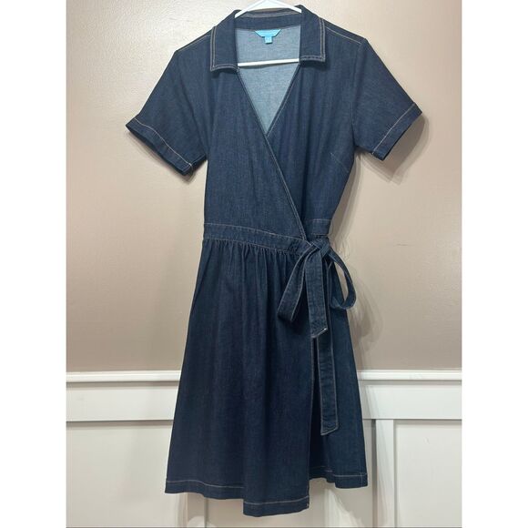 NWOT Draper James Denim Wrap Short Sleeve Fall Dress Women's Small - Picture 2 of 11
